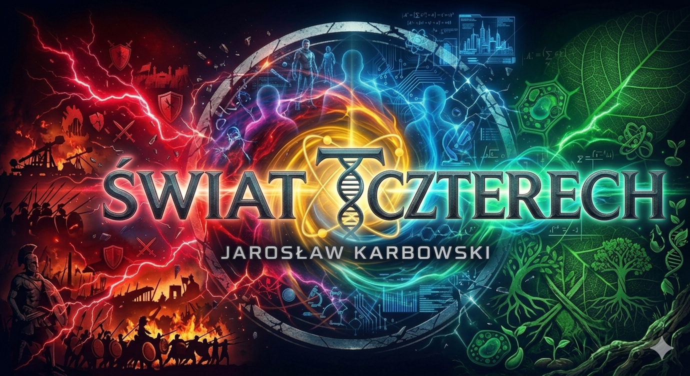 Okładka książki "Świat czterech" Jarosława Karbowskiego z motywami wojennymi, biologicznymi i technologicznymi.